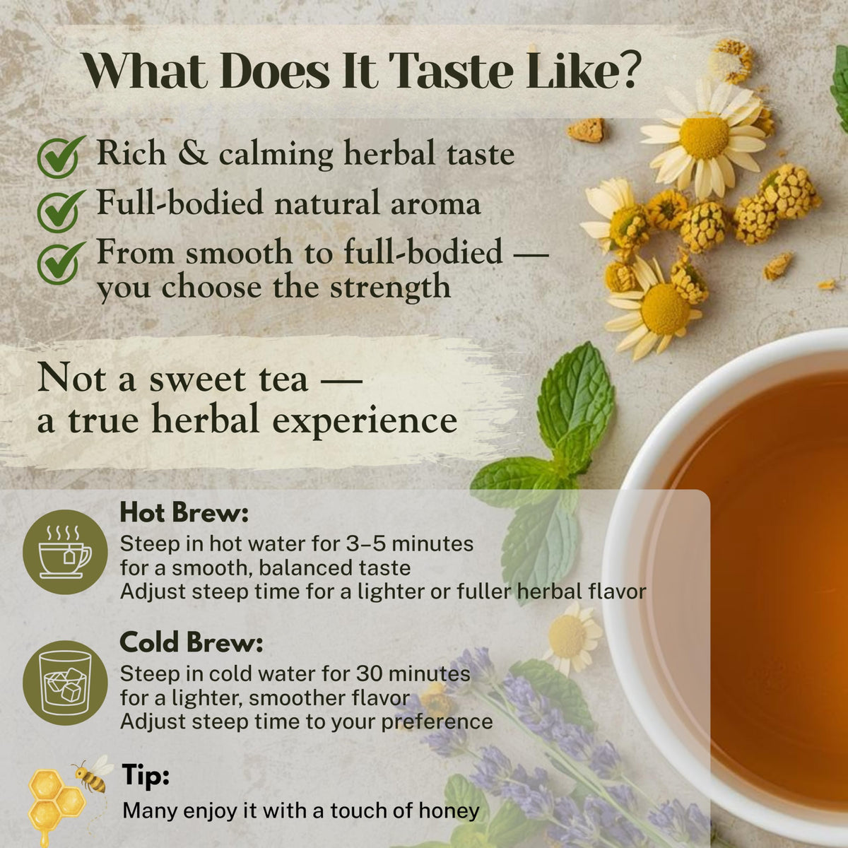 Herbal Planet Sleep Tea contains whole herbs for authentic flavor, not powders.