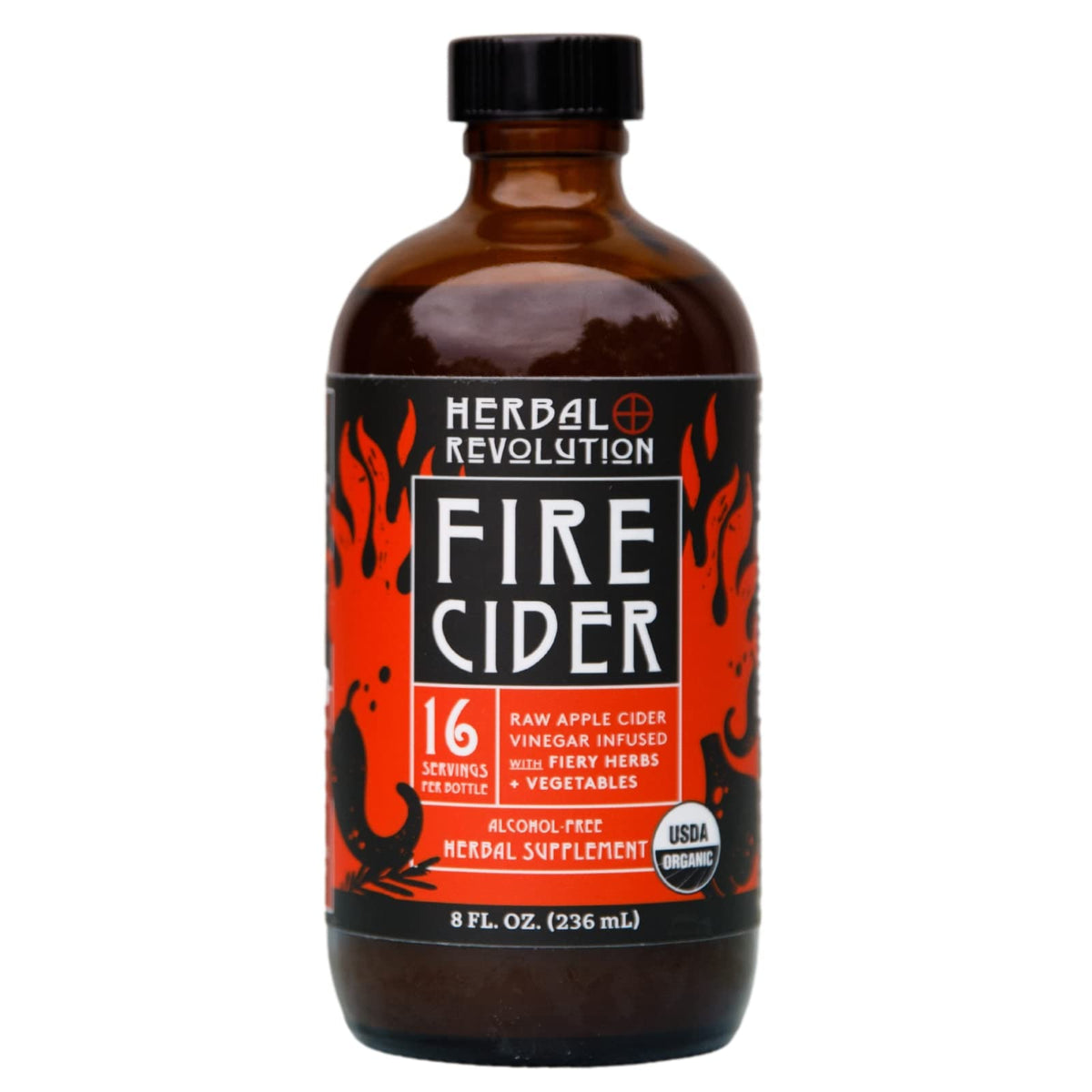 Herbal Revolution Fire Cider bottle label close-up highlighting organic ingredients for bold flavor.