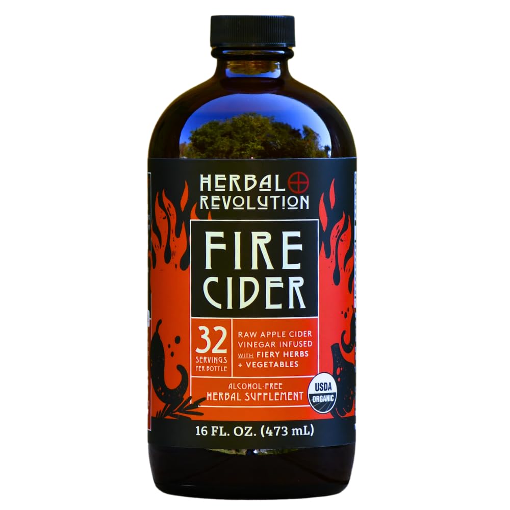 Herbal Revolution Fire Cider bottle being poured for warming flavor.