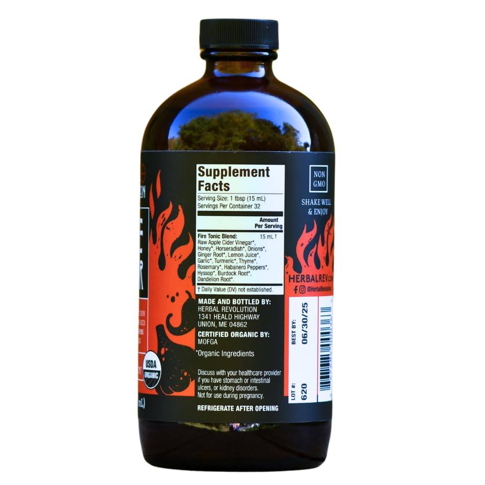Herbal Revolution Fire Cider label close-up showing ingredients and Mother.