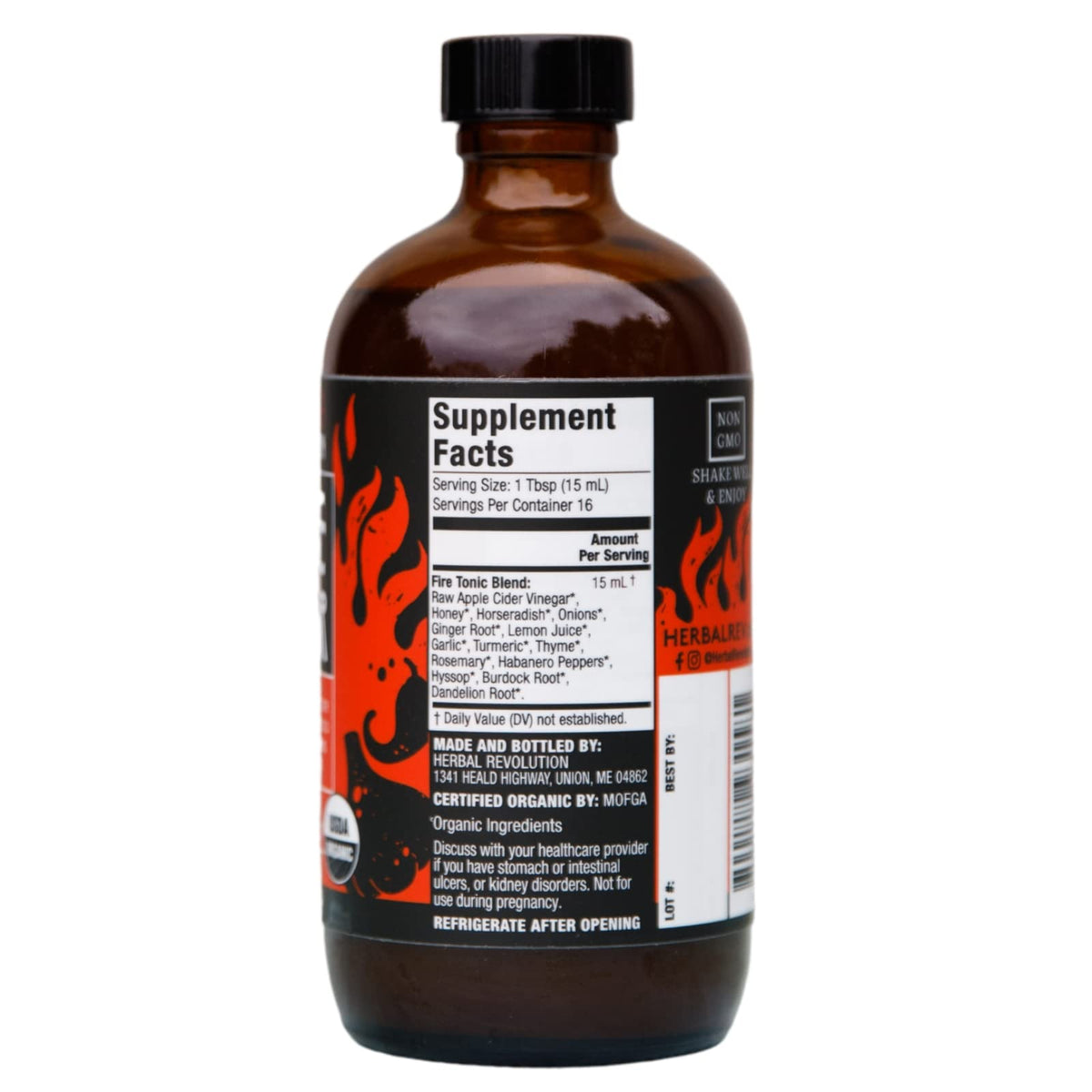 Herbal Revolution Fire Cider pour in a shot glass delivering spicy tang for recipes.