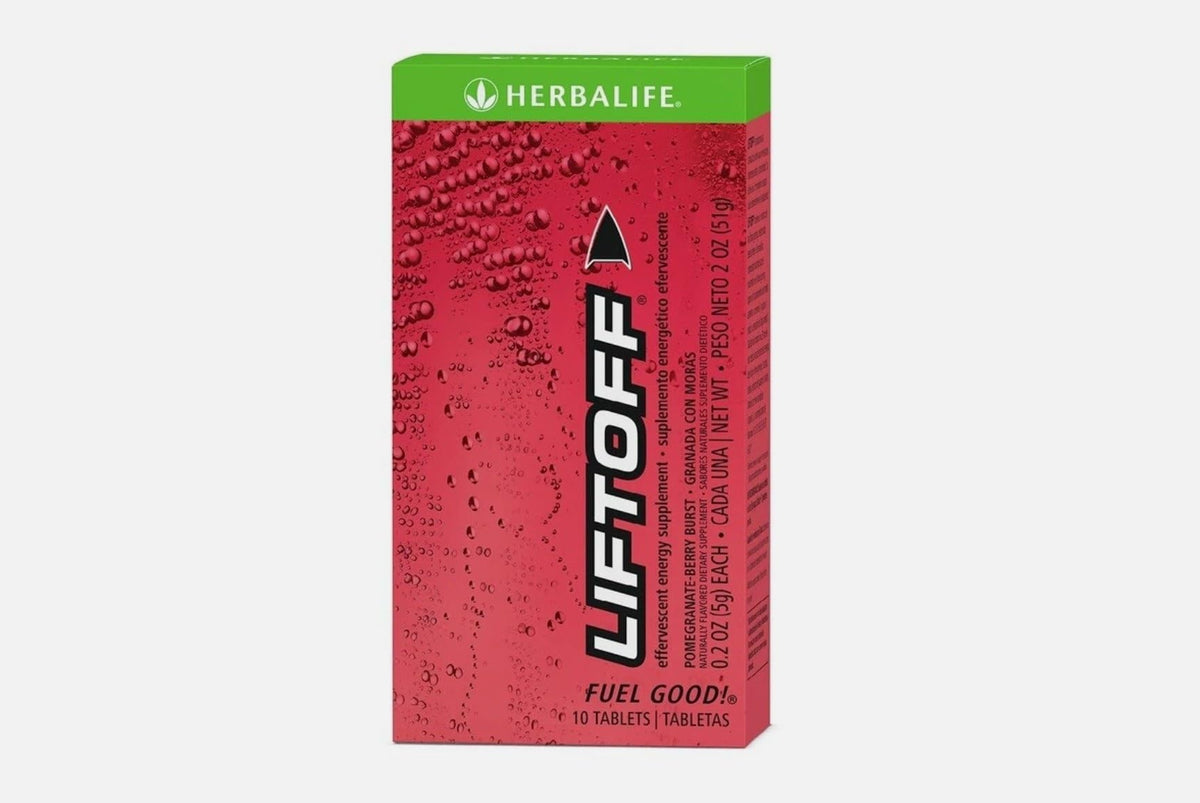 Herbalife Liftoff pomegranate-berry bottle pour for a refreshing energy boost