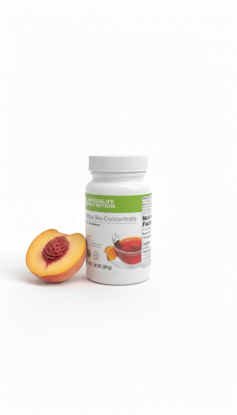 Herbalife Peach Tea Concentrate bottle shows gluten-free, naturally flavored energy boost.