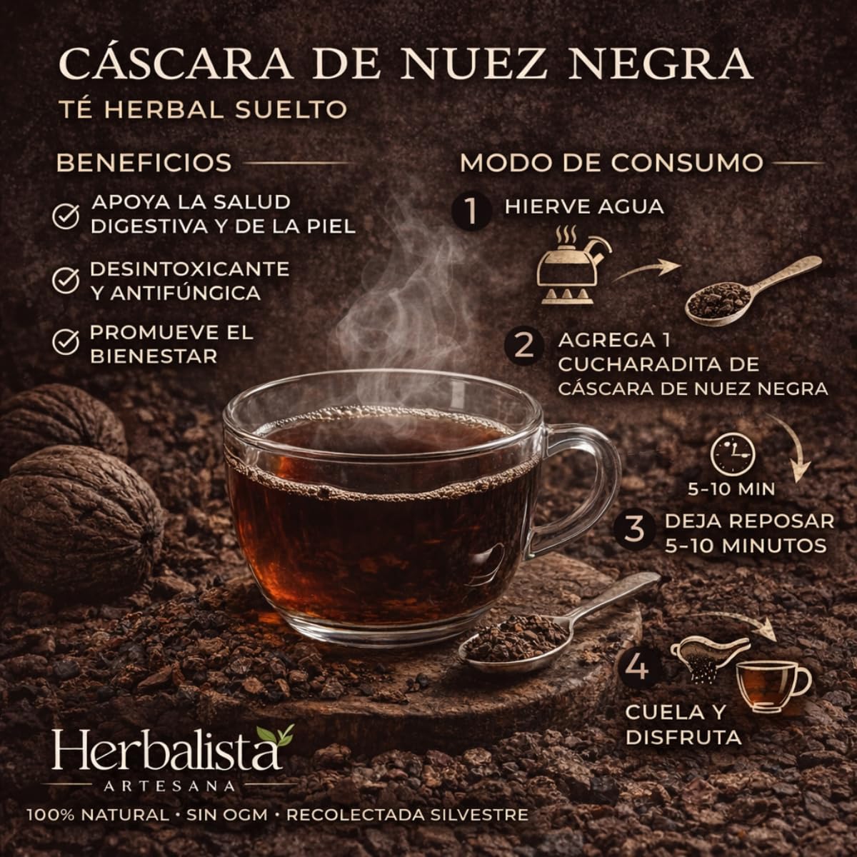Herbalista Black Walnut Hull four oz jar packaging close-up for compact storage.