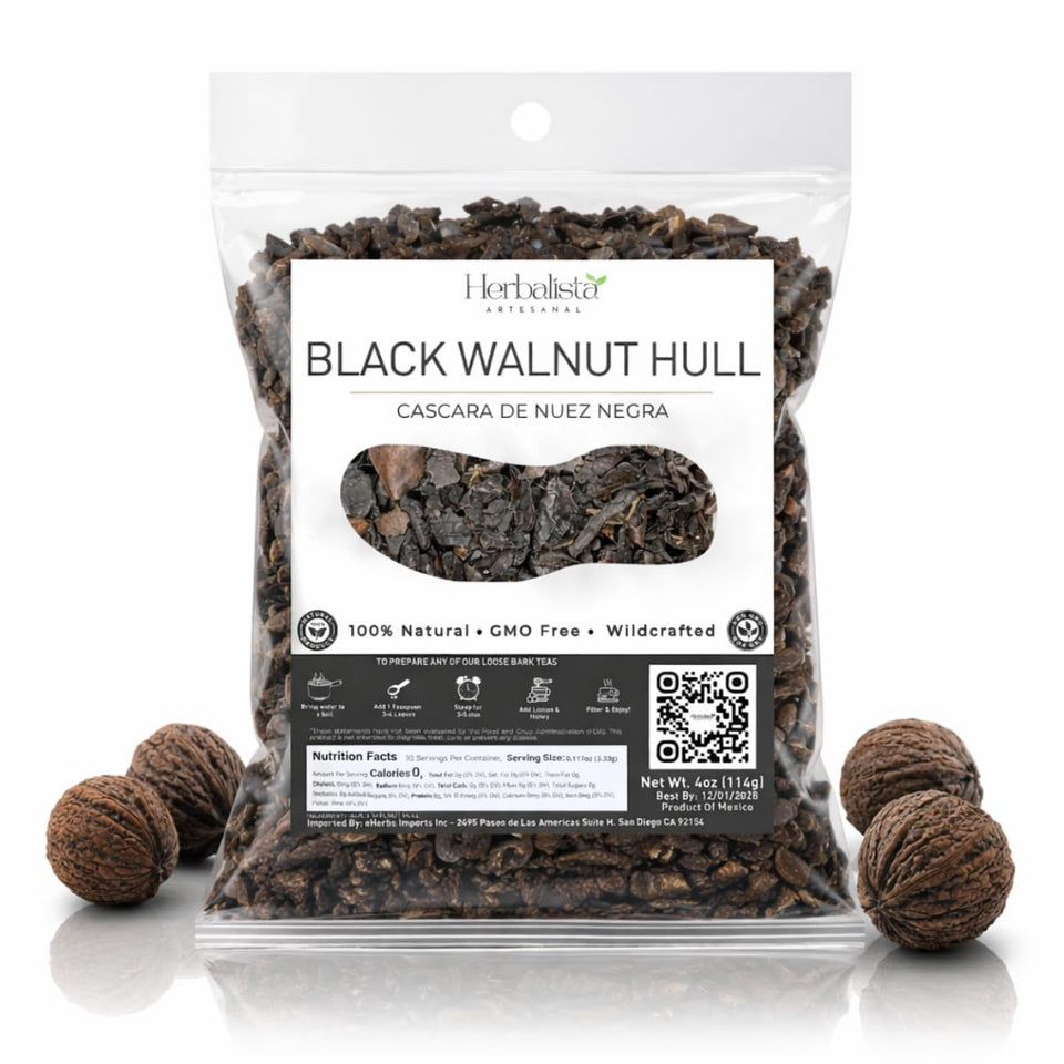 Herbalista Black Walnut Hull loose tea scoop highlights earthy hulls for a soothing ritual.