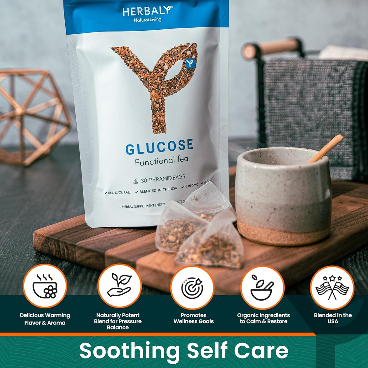 Herbaly Glucose Functional Tea bottle with label, signaling organic, plant-based wellness.