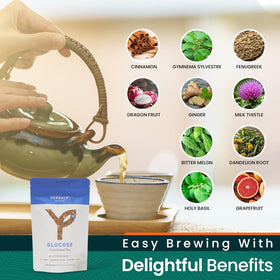 Herbaly Glucose Functional Tea pyramid sachets on a kitchen counter, ready for a caffeine-free moment.