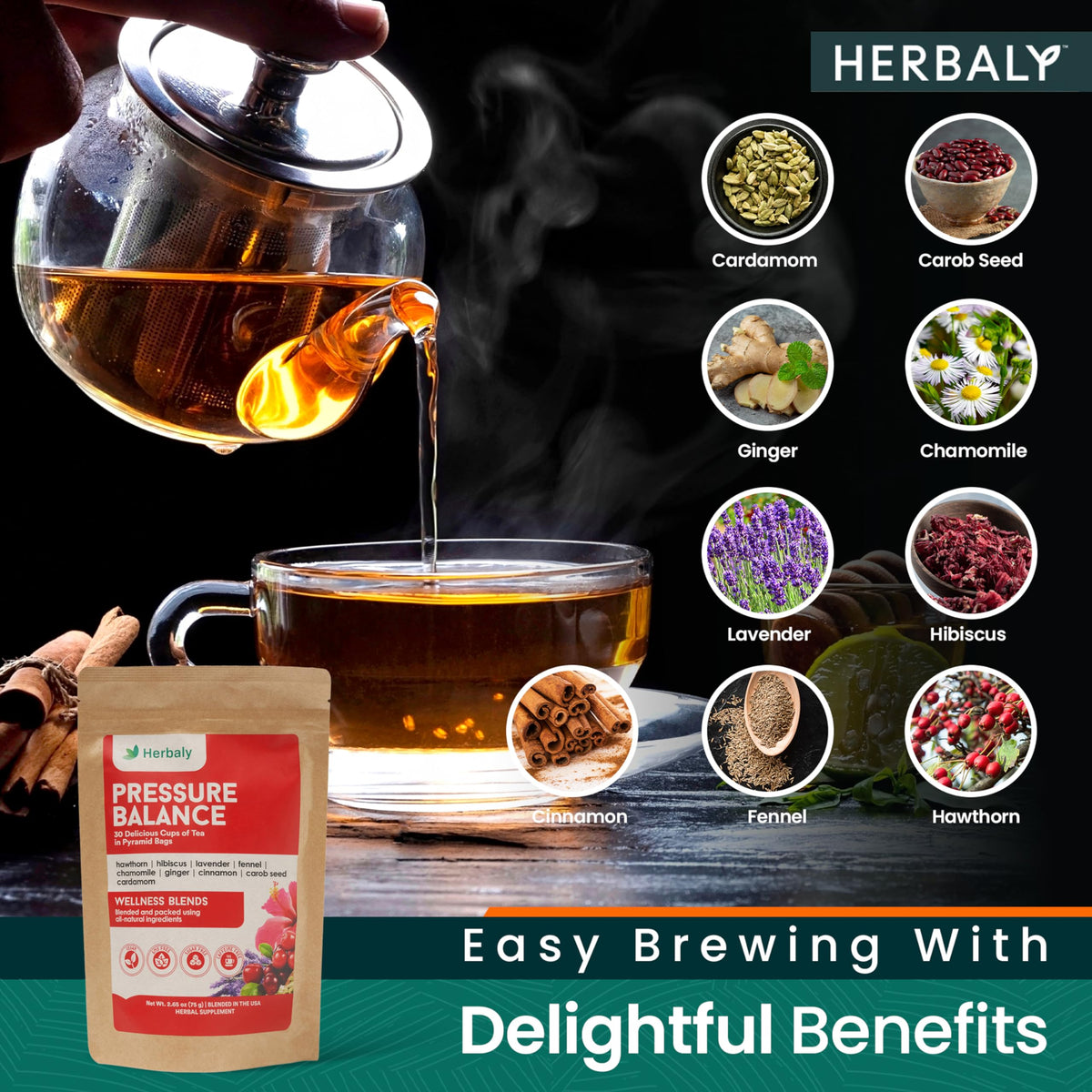 Herbaly Heart organic herbs bag showcases natural ingredients delivering a gentle, caffeine-free break