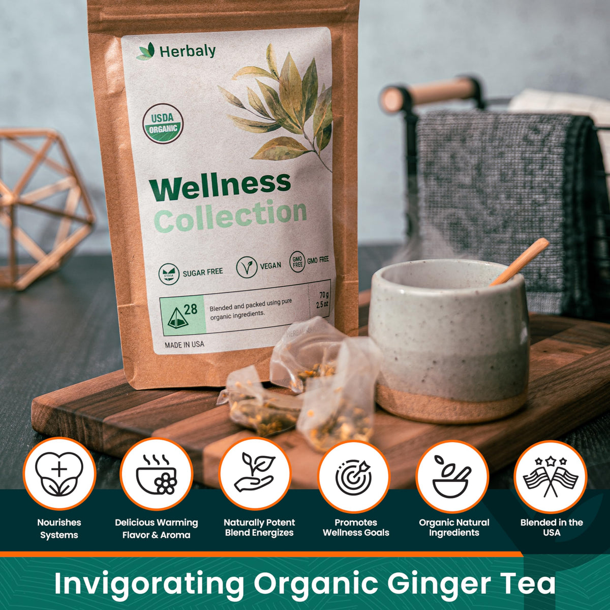 Herbaly Organic Ginger Tea packaging highlights eco friendly sachets and 70 g