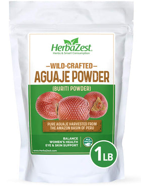 HerbaZest Aguaje Powder bottle highlights convenient single-ingredient addition for smoothies.