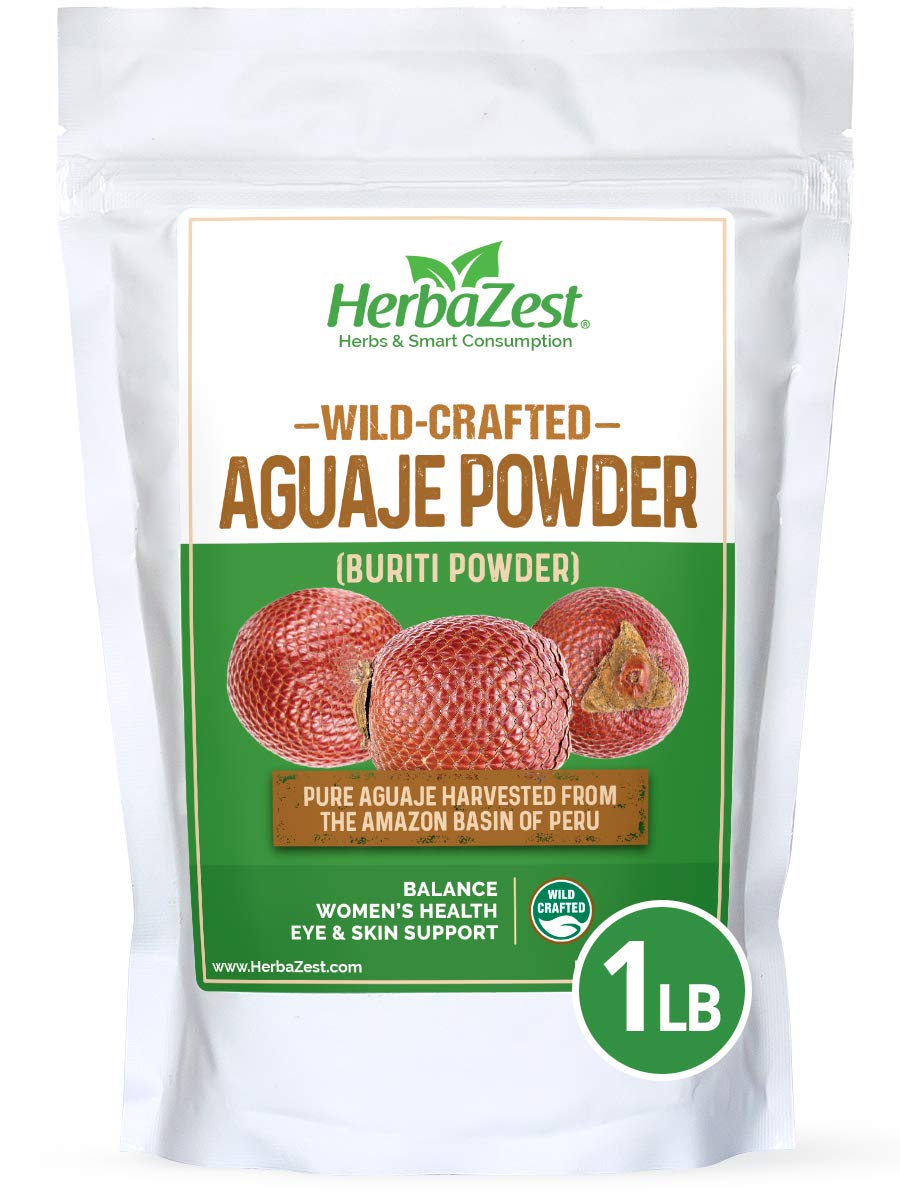HerbaZest Aguaje Powder bottle highlights convenient single-ingredient addition for smoothies.