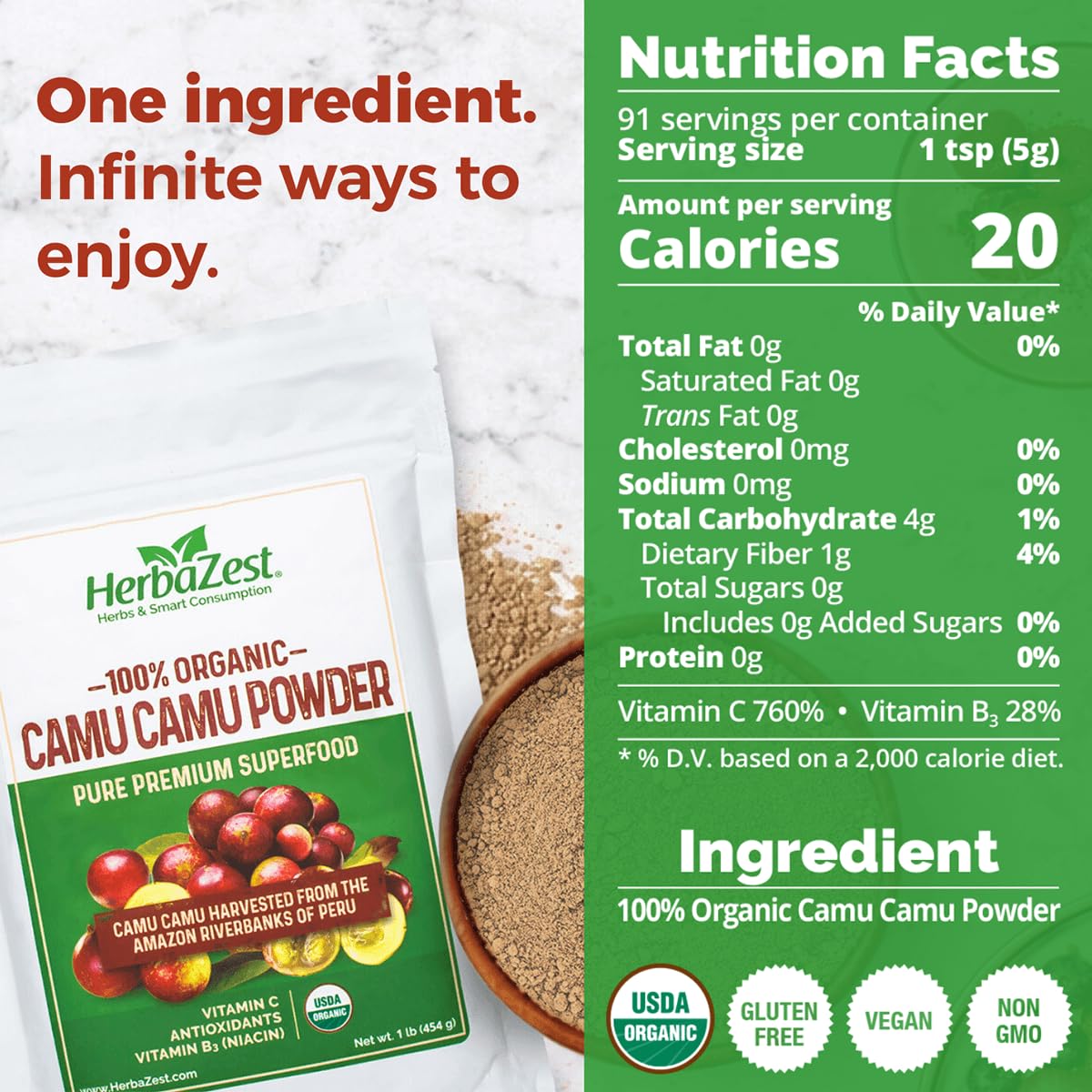 HerbaZest Camu Camu powder jar on kitchen counter showing pure organic product.