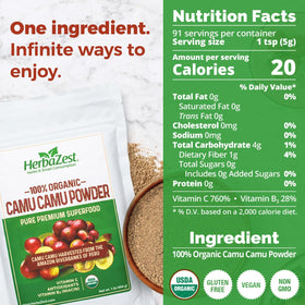 HerbaZest Camu Camu powder jar on kitchen counter showing pure organic product.