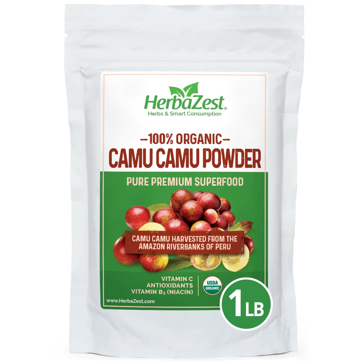 HerbaZest Camu Camu powder raw close-up highlights natural vitamin C content.