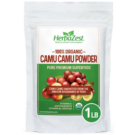HerbaZest Camu Camu powder raw close-up highlights natural vitamin C content.