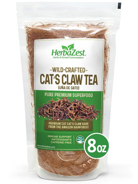 HerbaZest Cat's Claw Tea packaging showing pure bark for a caffeine-free option