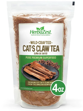 HerbaZest Cat's Claw Tea packaging highlights premium, wild-crafted bark for everyday wellness.