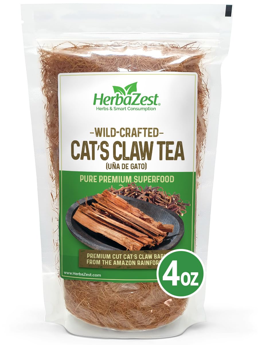 HerbaZest Cat's Claw Tea packaging highlights premium, wild-crafted bark for everyday wellness.