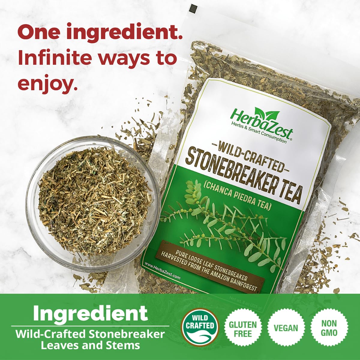 HerbaZest Chanca Piedra Tea dry leaves close-up emphasizing natural origin and purity.