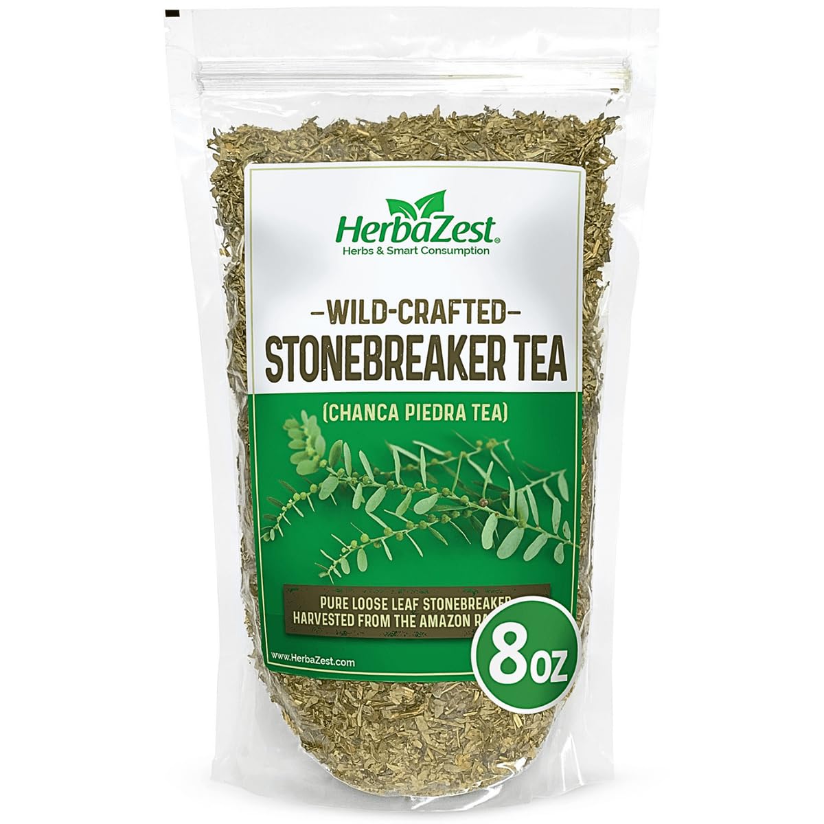 HerbaZest Chanca Piedra Tea loose-leaf pack highlights pure single-ingredient infusion.