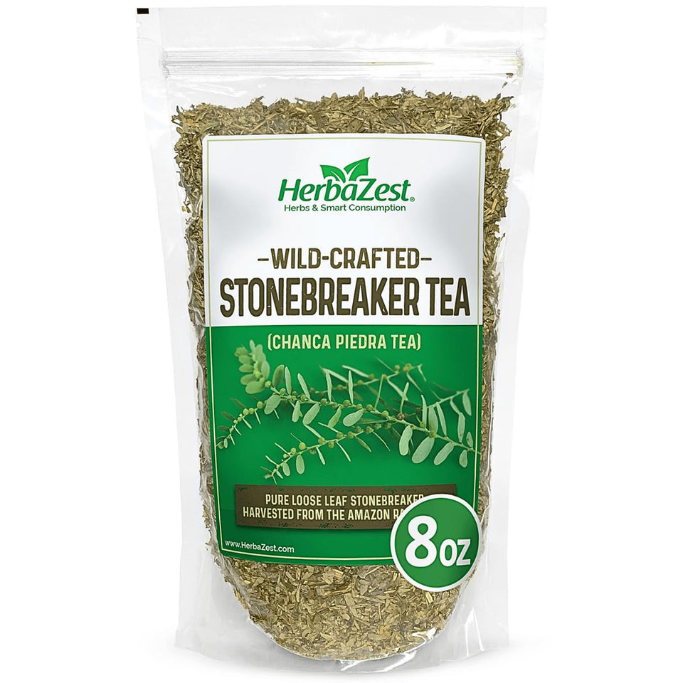HerbaZest Chanca Piedra Tea loose-leaf pack highlights pure single-ingredient infusion.
