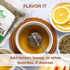 HerbaZest Chanca Piedra Tea pouring into a cup for a soothing brew.