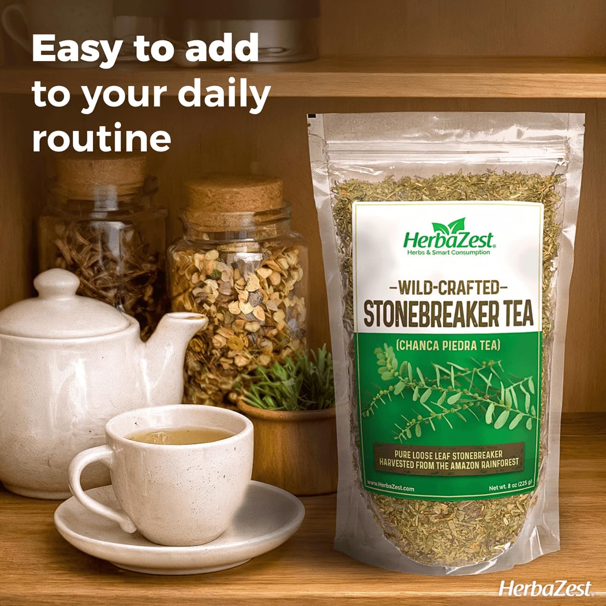 HerbaZest Chanca Piedra Tea steeping to reveal a smooth, caffeine-free herbal infusion.