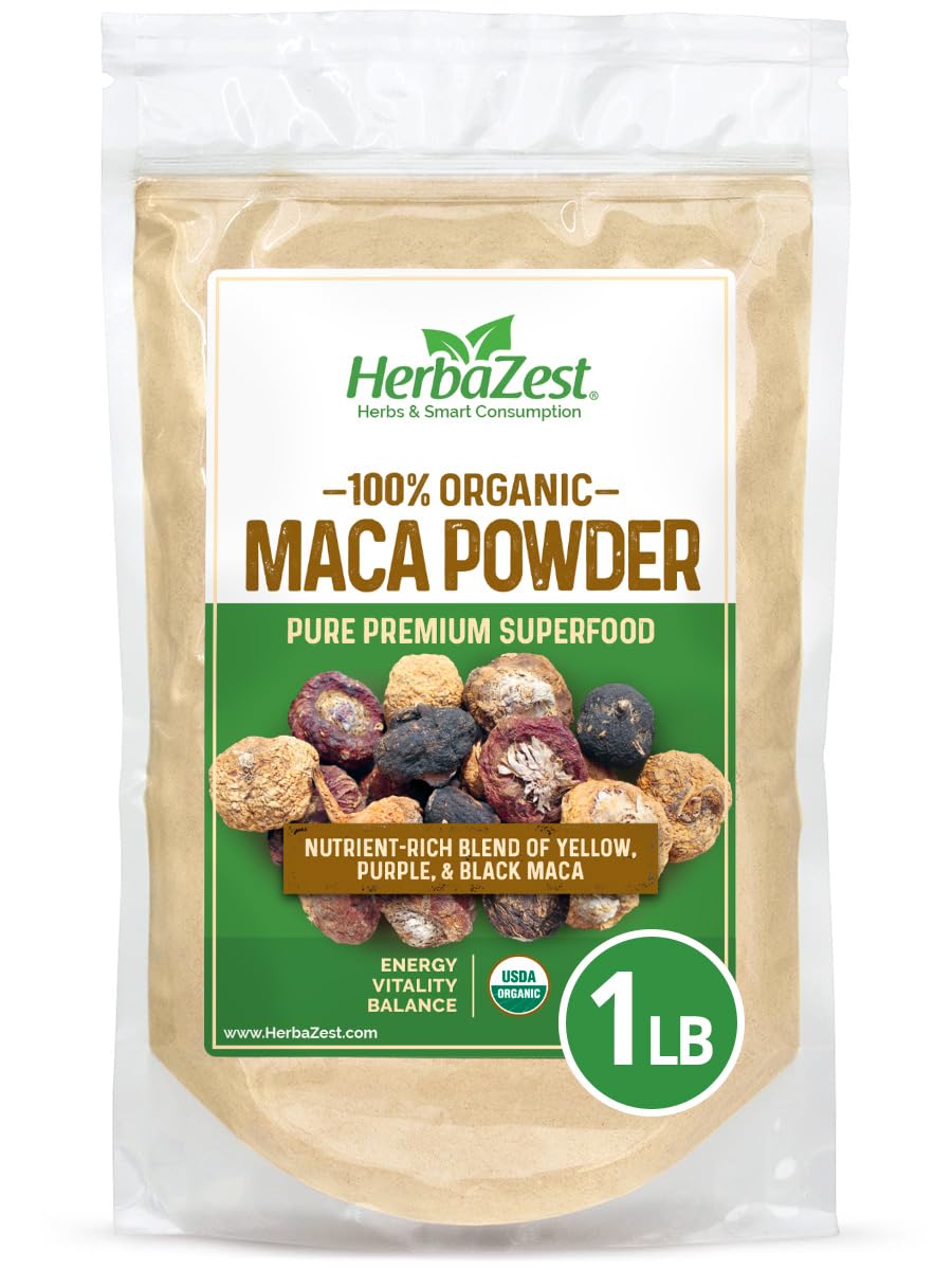 HerbaZest Maca Powder Organic 1lb bag highlights premium, pure powder for smoothies.