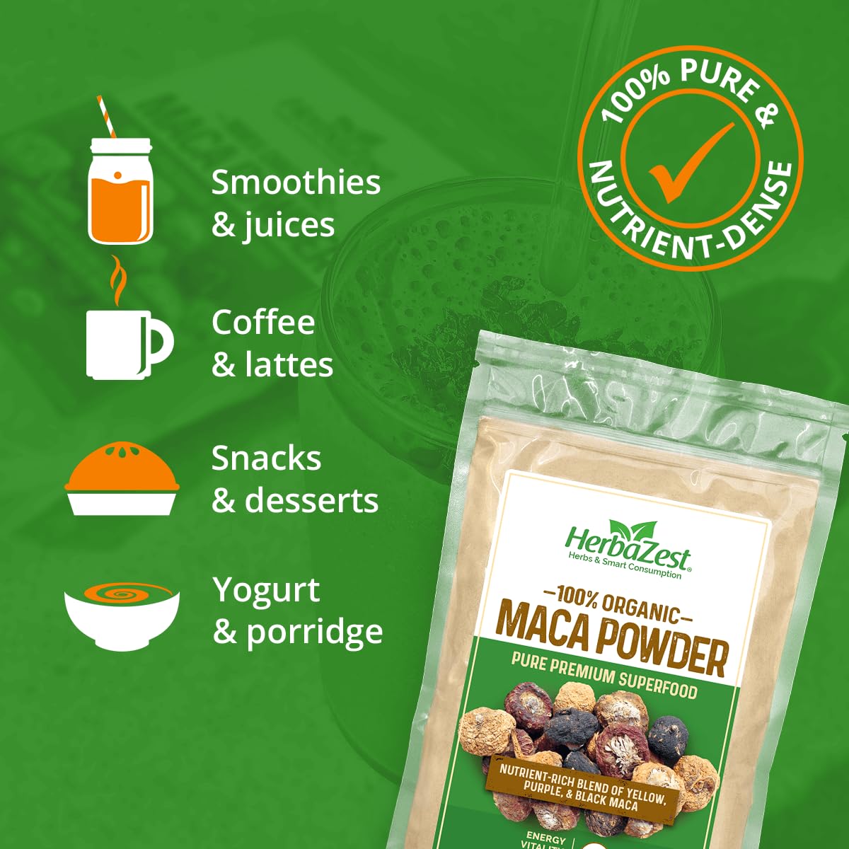 HerbaZest Maca Powder in a smoothie bowl shows versatile shake-ready use.