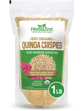 HerbaZest Quinoa Crispies 1lb pack—crisp texture for yogurt bowls.