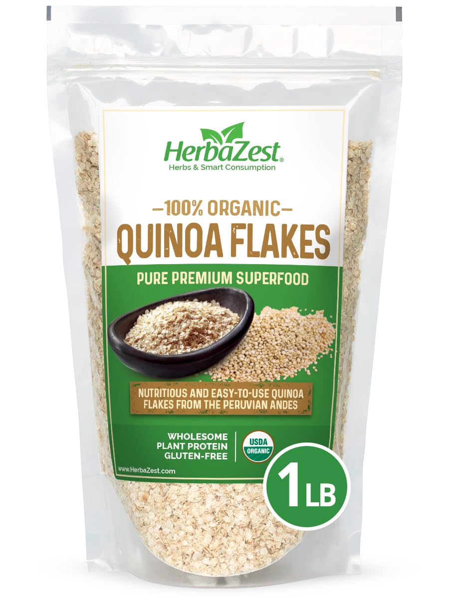 HerbaZest quinoa flakes package showing organic, gluten-free label for a healthy breakfast option