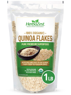 HerbaZest quinoa flakes package showing organic, gluten-free label for a healthy breakfast option
