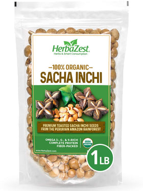 HerbaZest Sacha Inchi Seeds 1lb pack, premium organic protein snack.
