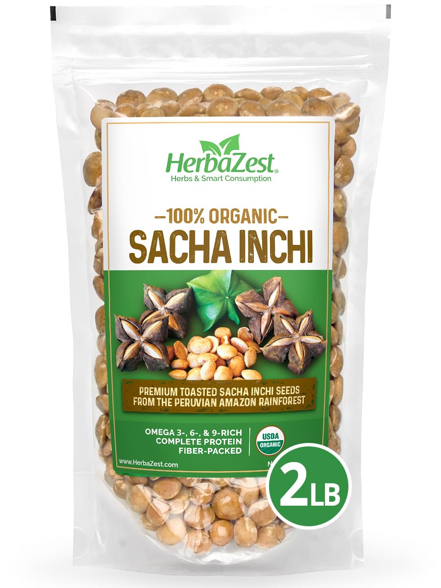 HerbaZest Sacha Inchi Seeds 2lb package with organic label for wholesome snacking