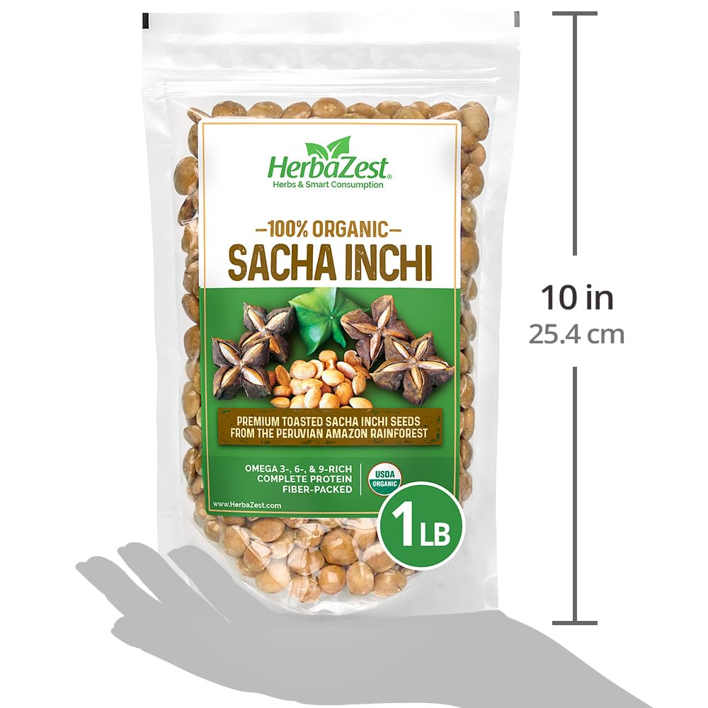 HerbaZest Sacha Inchi Seeds organic certification visible.