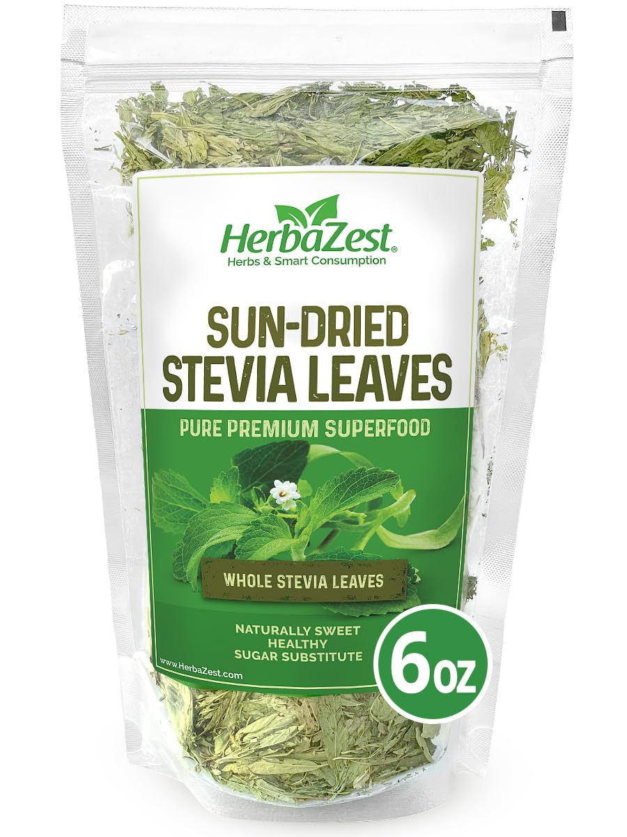HerbaZest sun-dried stevia leaves in a resealable pouch for natural sweetness.