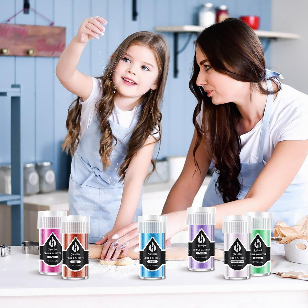 Herbeklab Edible Glitter packaging shot shows convenient 5g bottles.