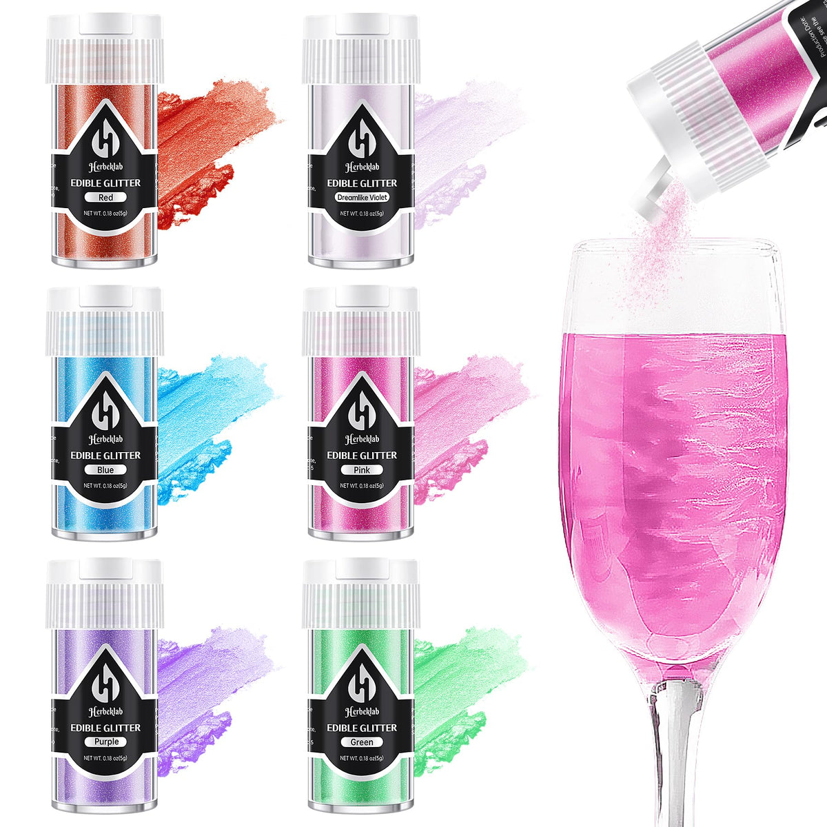 Herbeklab Edible Glitter six colors bottle highlights vibrant sparkle for drinks and desserts.