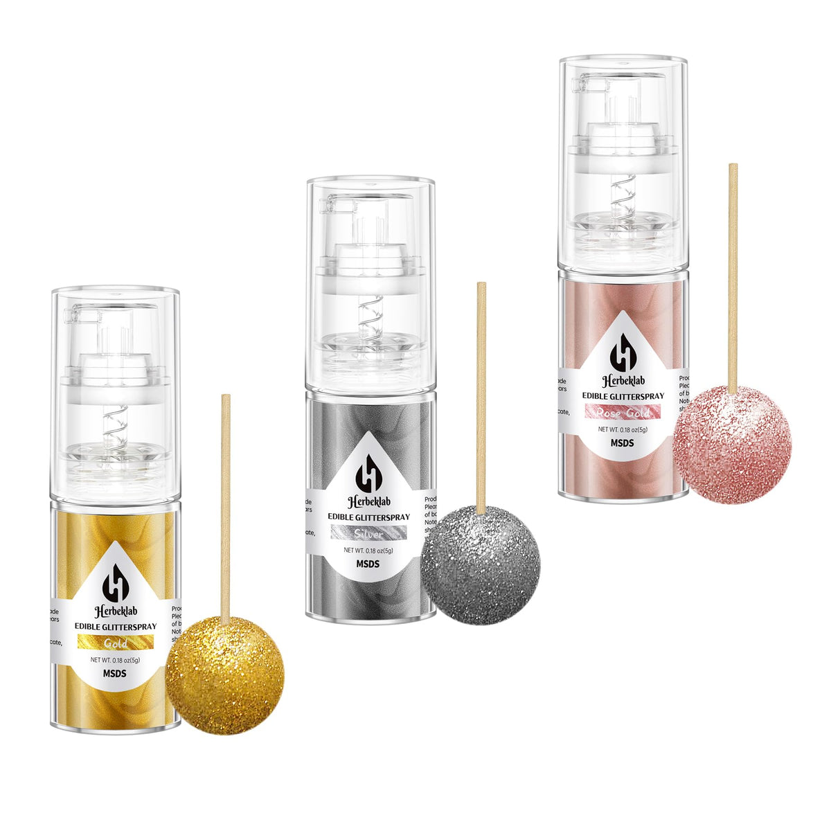 Herbeklab edible glitter spray gold bottle pour enhances desserts with shimmering finish.