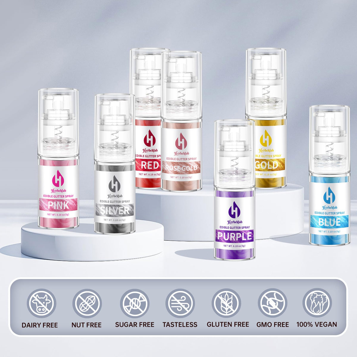 Herbeklab edible glitter spray white provides elegant, snowlike shimmer on treats.