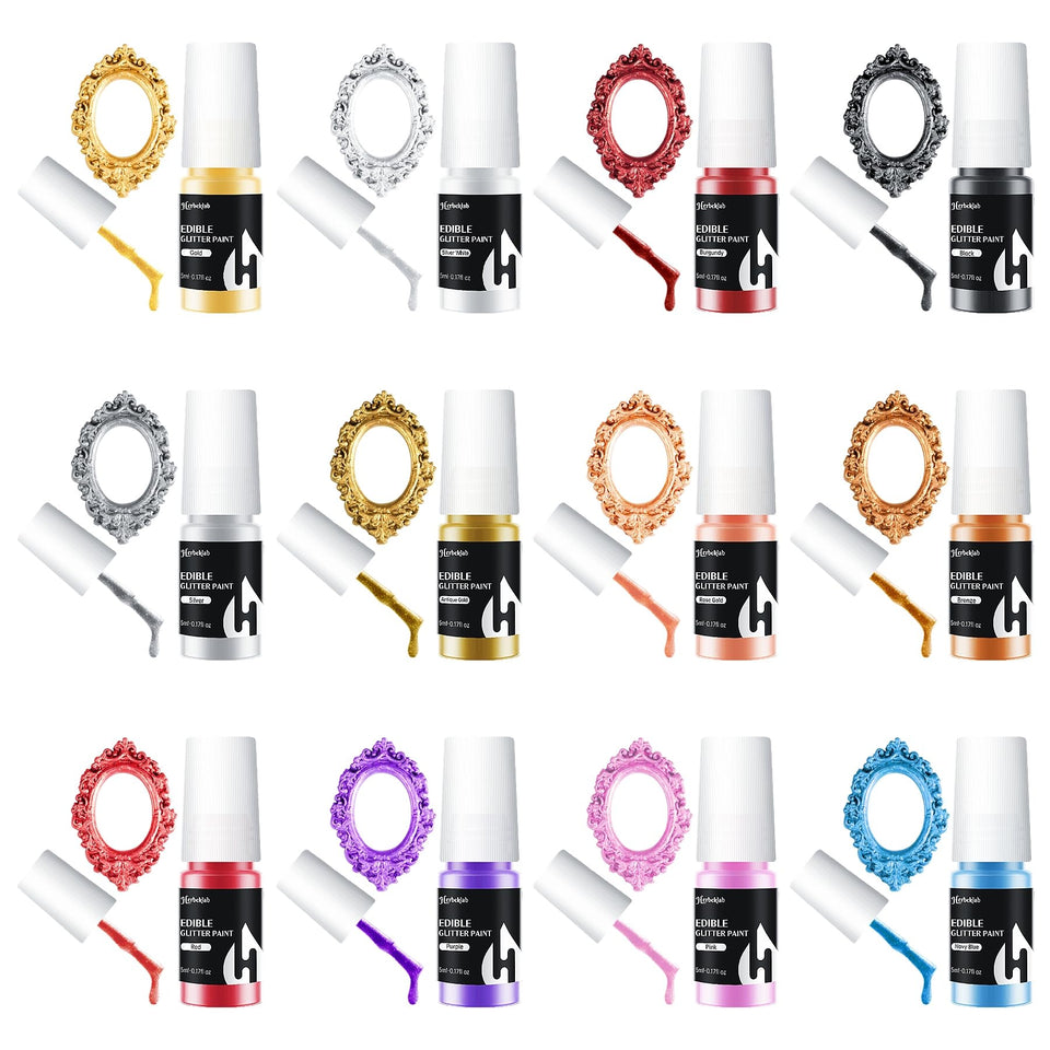 Herbeklab edible paint bottle close-up with metallic shimmer for cakes