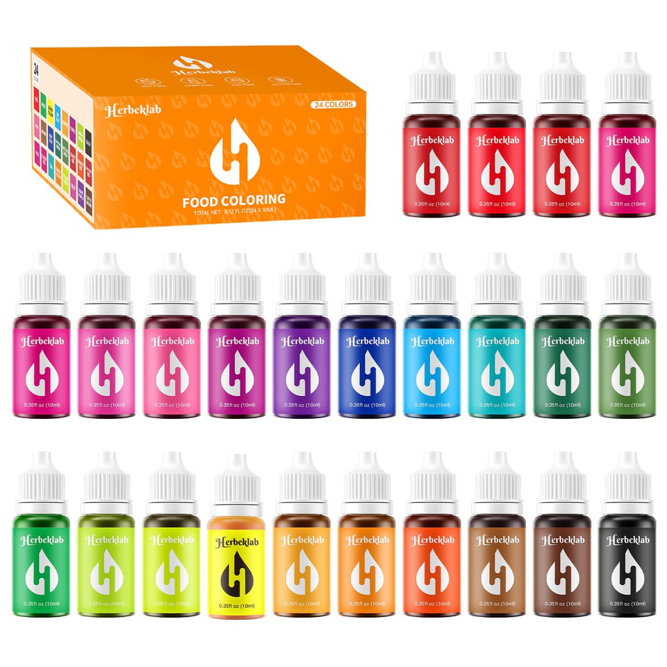 Herbeklab food coloring bottles close-up for vibrant baking colors
