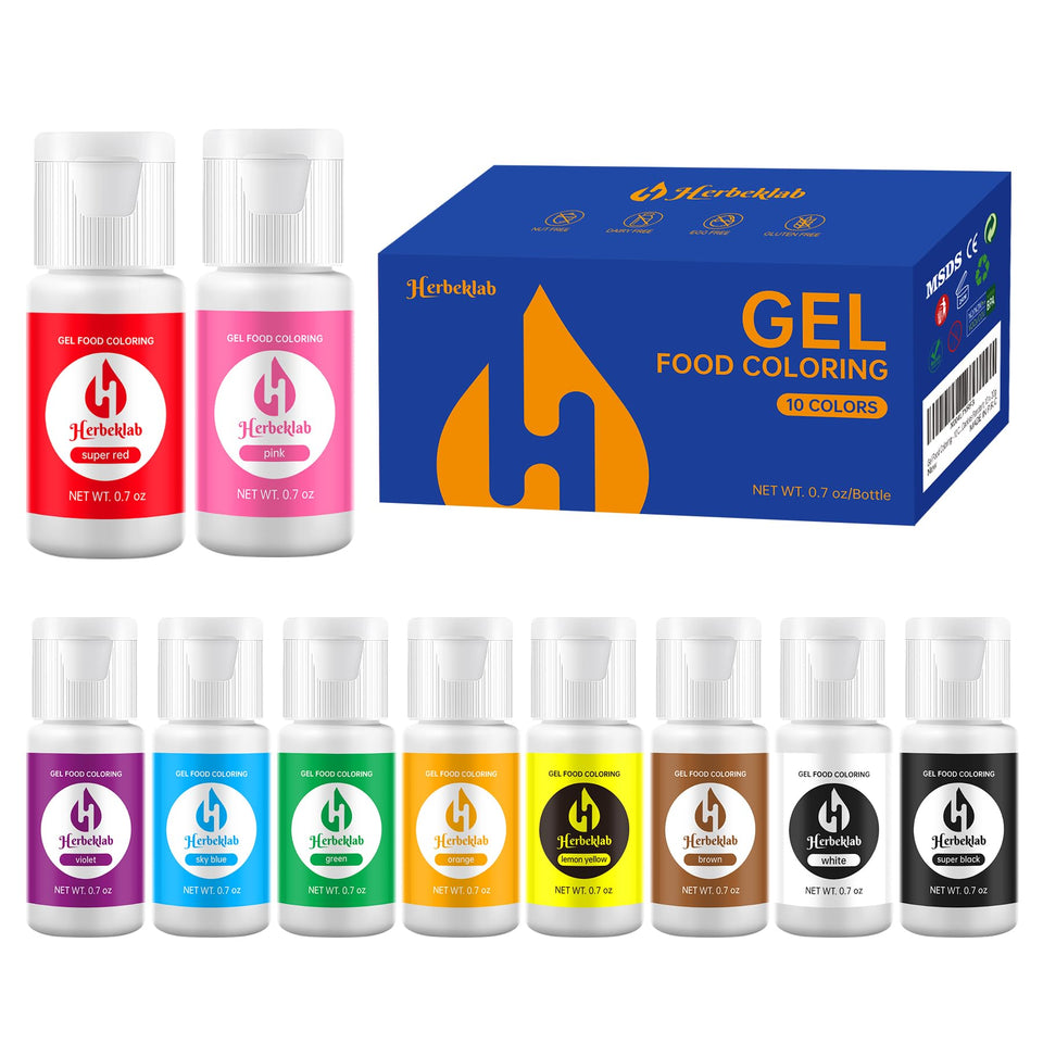 Herbeklab gel food coloring set with 10 neon colors for vibrant cakes and cookies.