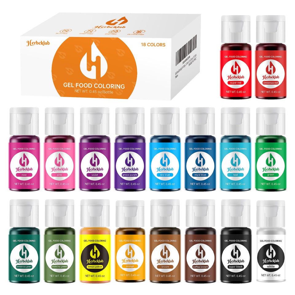 Herbeklab gel food coloring 18-color set for vibrant cake decorating.