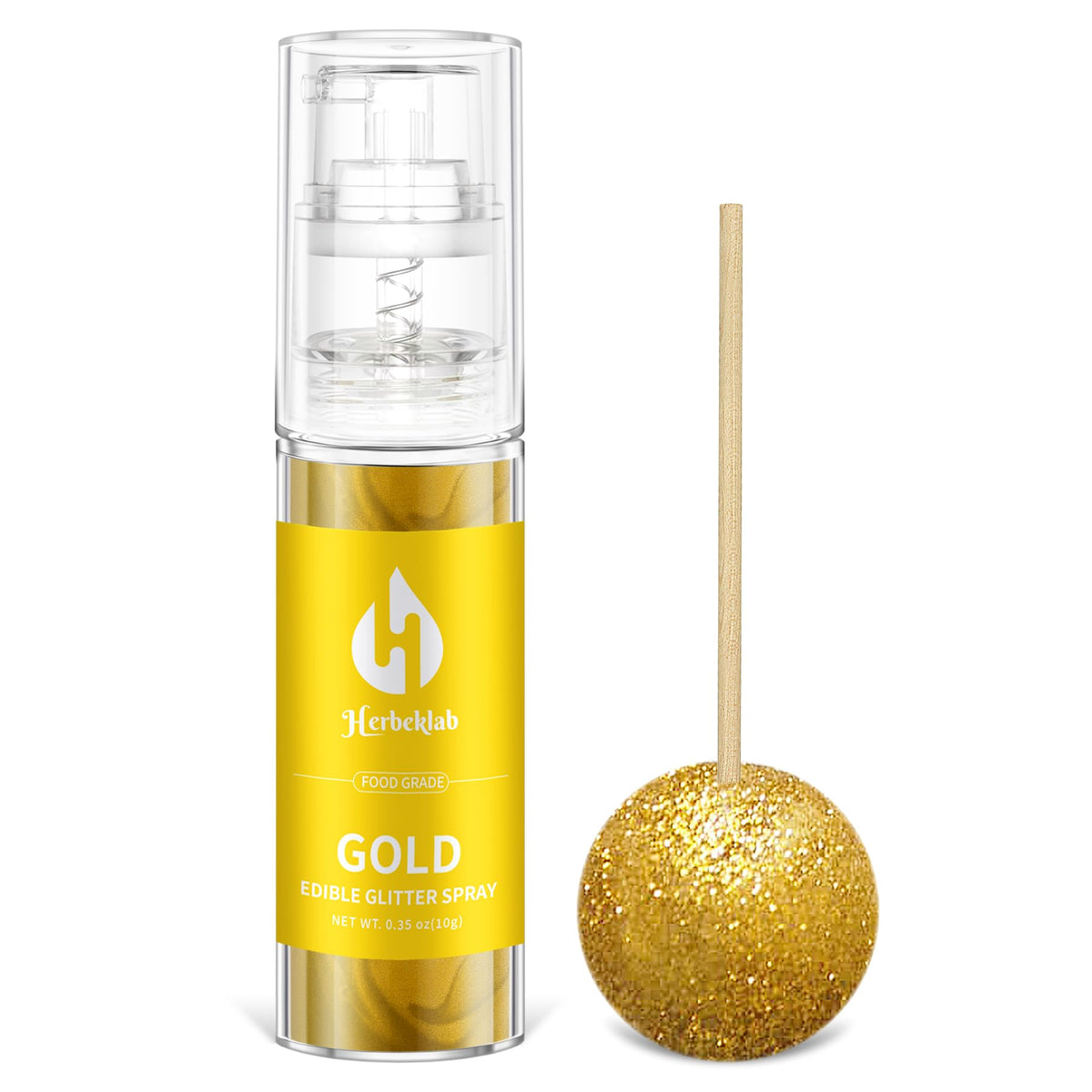 Herbeklab Gold Edible Glitter Spray bottle front adds shimmer to desserts