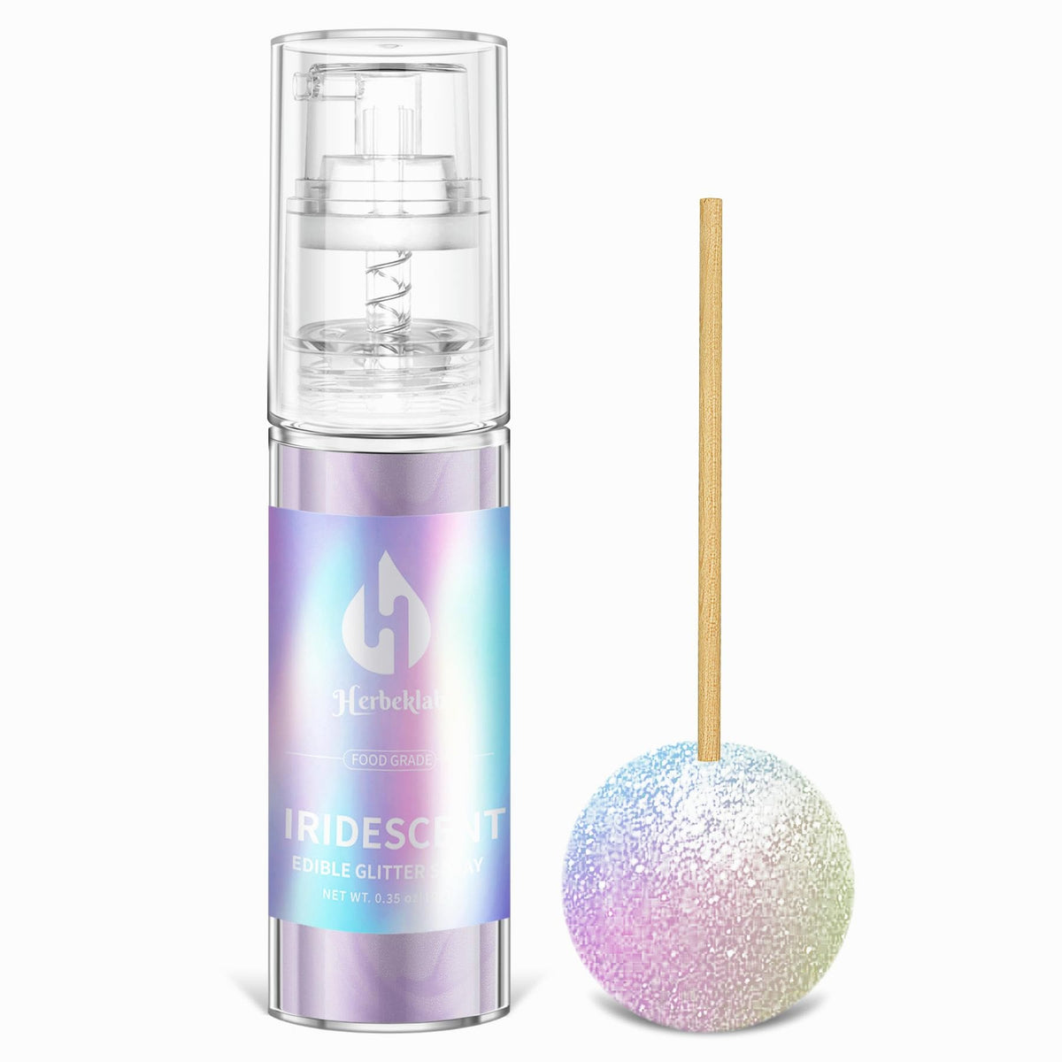 Herbeklab iridescent glitter spray bottle adding rainbow shimmer to desserts.