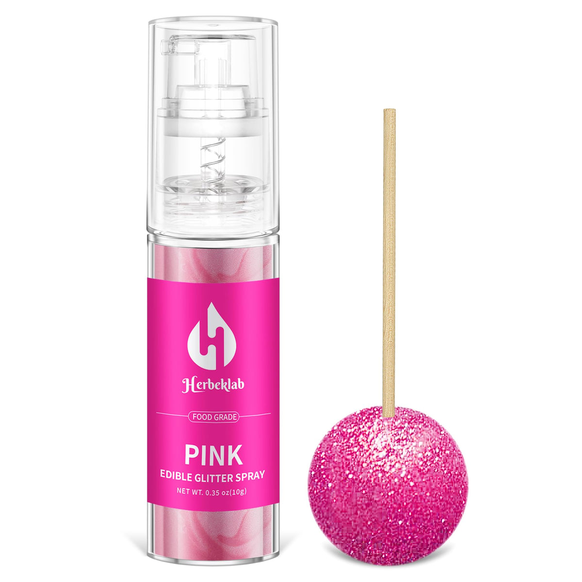 Herbeklab pink edible glitter spray closeup for cake decoration and shimmer.