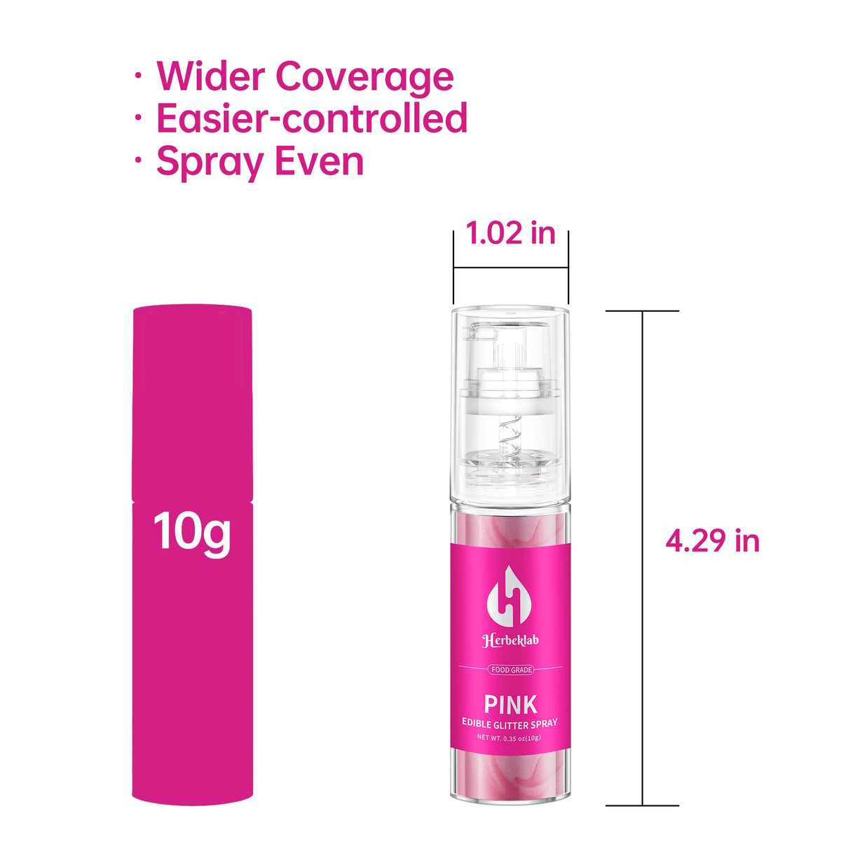 Herbeklab pink glitter spray packaging highlighting easy, even application.