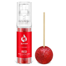 Herbeklab red edible glitter spray bottle close-up for cake decoration and shimmer.