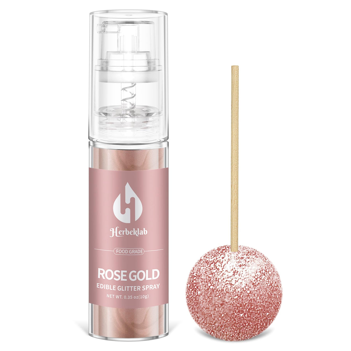 Herbeklab rose gold edible glitter spray 10g to elevate cakes with shimmering finish.